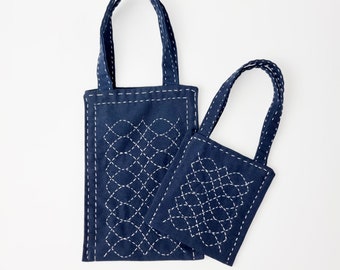 Handmade Sashiko mini tote bags/ Ideal as a phone holder or as a case for a portable hard driver.
