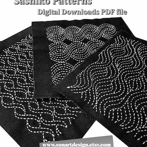 May include: Close-up of black fabric squares featuring white Sashiko patterns. The image shows three pieces of fabric with various stitched designs, including wavy and geometric patterns. Text at the top reads "Sashiko Patterns Digital Downloads PDF file."