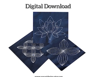 Set of 4JPG files, Japanese Sashiko/Embroidery/ Flowers 3 Pattern  Instant Download/ Digital Printable