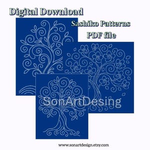 May include: Digital download of Sashiko patterns in PDF format. The image shows three blue squares with white stitched tree designs. The designs include trees with leaves and flowers. The website address www.sonartdesign.etsy.com is at the bottom.