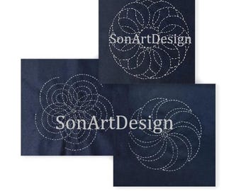 Japanese Sashiko/Embroidery/ Round Pattern, Set of 3 JPG files, Instant Download, Digital Printable