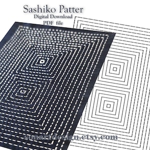 May include: A digital download PDF file featuring a Sashiko pattern. The design showcases a series of concentric squares with dotted lines, creating a geometric effect. The pattern is in navy blue with white stitching, and the text "Sashiko Pattern" is visible.