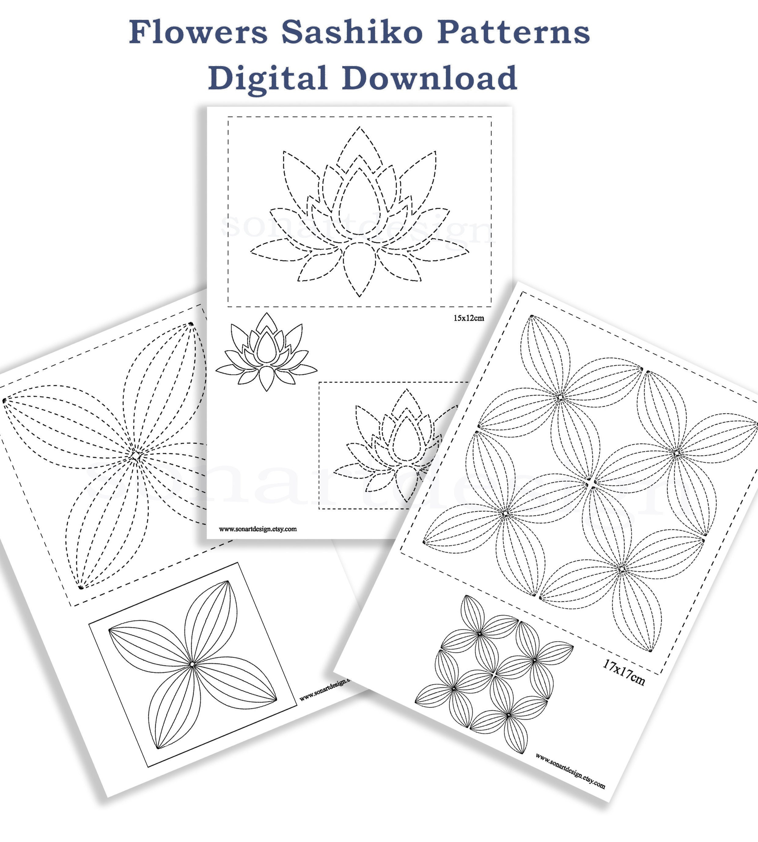 Set of 4JPG Files, Japanese Sashiko/embroidery/ Flowers 3