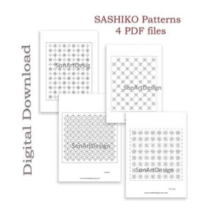 Set of 4 PDF files, Japanese Sashiko Flowers 4 Pattern  Instant Download/ Digital Printable