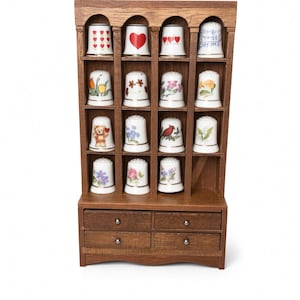 Vintage 1971 Enesco Wooden Thimble Display Cabinet with 15 Porcelain Thimbles incl. 3 Knobler
