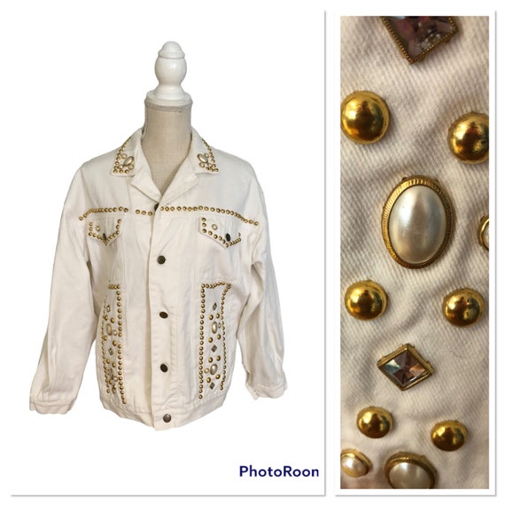 Vintage Embellished White Denim Jacket Gold Rhine… - image 1