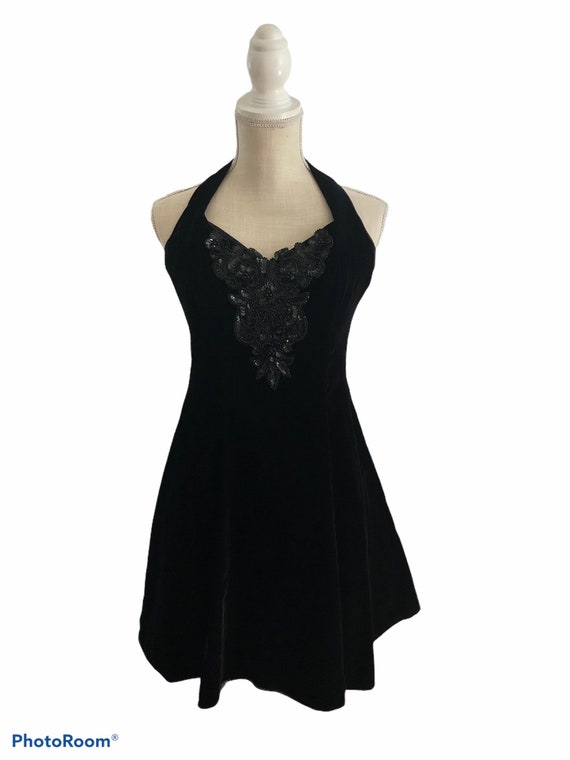 Vintage 1980's Black Velvet Short Halter Sequin P… - image 2