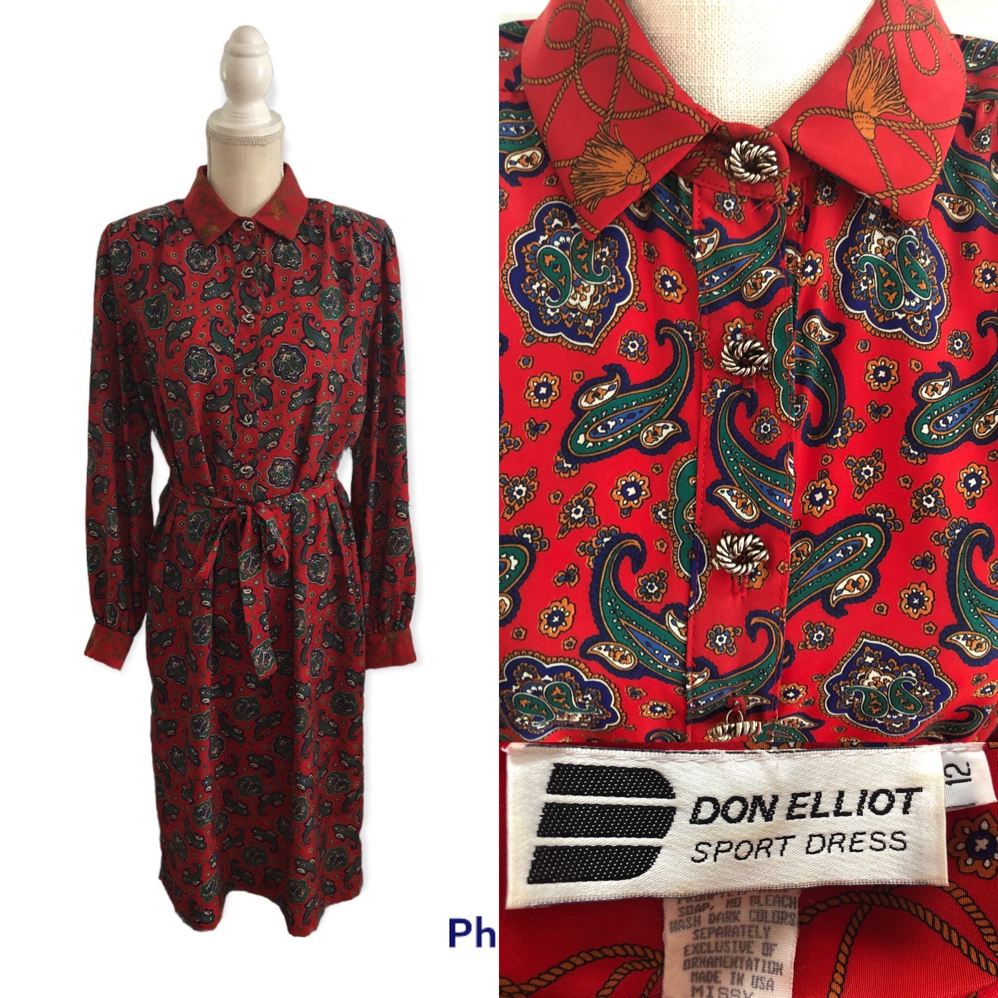 Vintage Red Patterned 80s Dress M/L