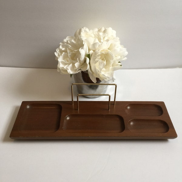 Lovely Wooden MCM Mid Century Desk Valet Organizer Tray with Gold Tone Metal