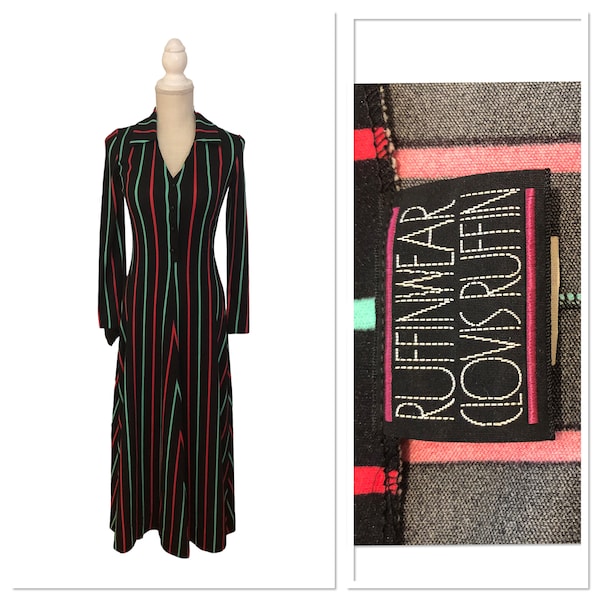 Vintage 1970's Clovis Ruffin Ruffinwear Maxi Dress Black Red Green Stripes