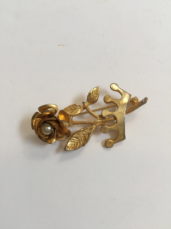 Vintage Rose Brooch Shawl Pin or Scarf Pin Gold T… - image 3