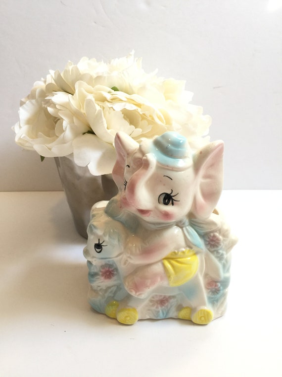 Adorable Vintage United Import Taiwan Elephant on Rocking Horse Nursery Planter Vase Pastel Colors with Original Label