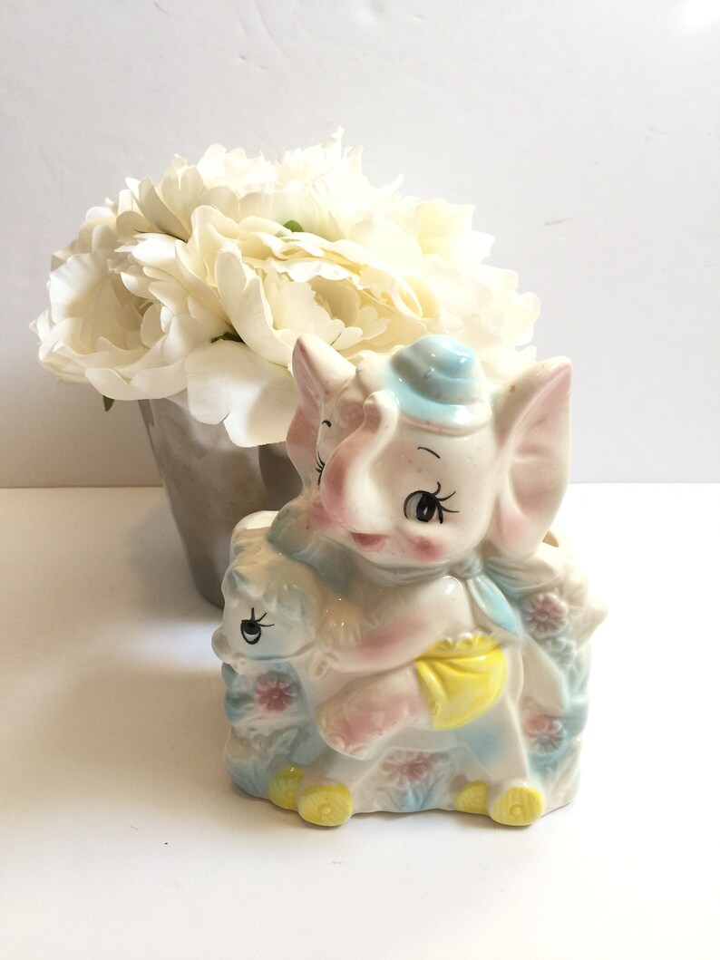 Adorable Vintage United Import Taiwan Elephant on Rocking Horse Nursery Planter Vase Pastel Colors with Original Label
