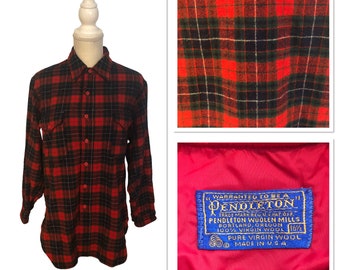 Vintage Pendleton Red Tartan Plaid Wool Button Down Shirt Men's 16.5" Collar Rockabilly Preppy