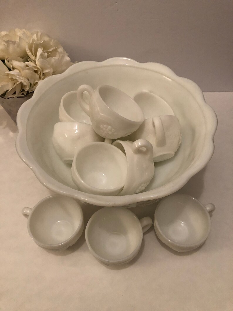 Early Westmoreland Paneled Grapes Milk Glass Punch Bowl Set Etsy