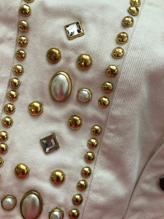 Vintage Embellished White Denim Jacket Gold Rhine… - image 7