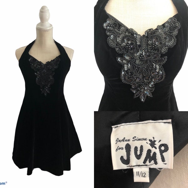 Vintage 1980's Black Velvet Short Halter Sequin Party Dress JoAnn Simon for Jump! Small