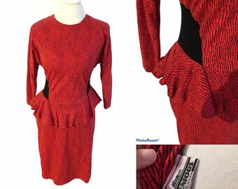 Fun and Fabulous Red and Black Vintage Juniors Long Sleeve Peplum Dress 1980's 1990's Fun!