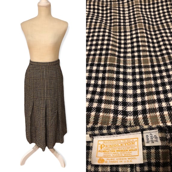 Vintage Pendleton Black and Beige Pleated Plaid W… - image 1