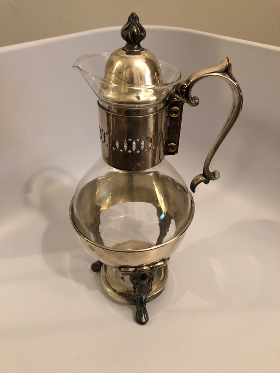 Vintage Silver Plate & Glass Coffee / Tea Carafe Pitcher With Warmer Stand