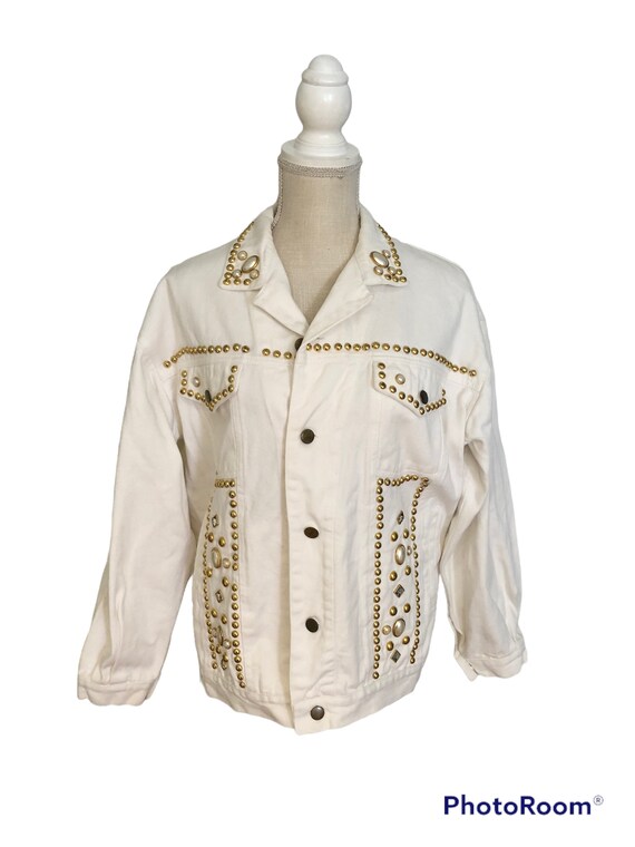 Vintage Embellished White Denim Jacket Gold Rhine… - image 2