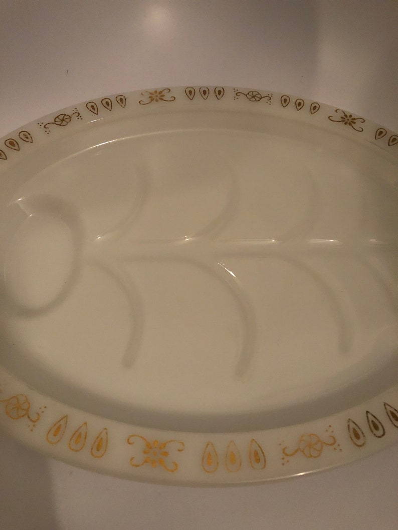 Vintage Fire King Oven Ware Milk Glass Meat Platter with Juice Reservoir White and Gold