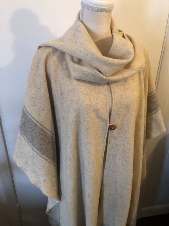 Wool Poncho Blanket Beige Gray Fringe Shawl Wrap O