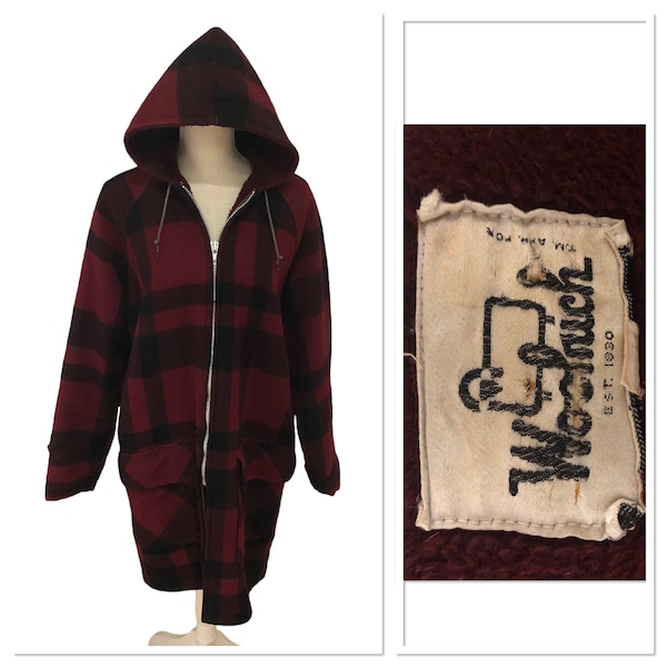 Vintage Woolrich Men's Red Black Buffalo Plaid Wool Hunting Coat Medium Hooded