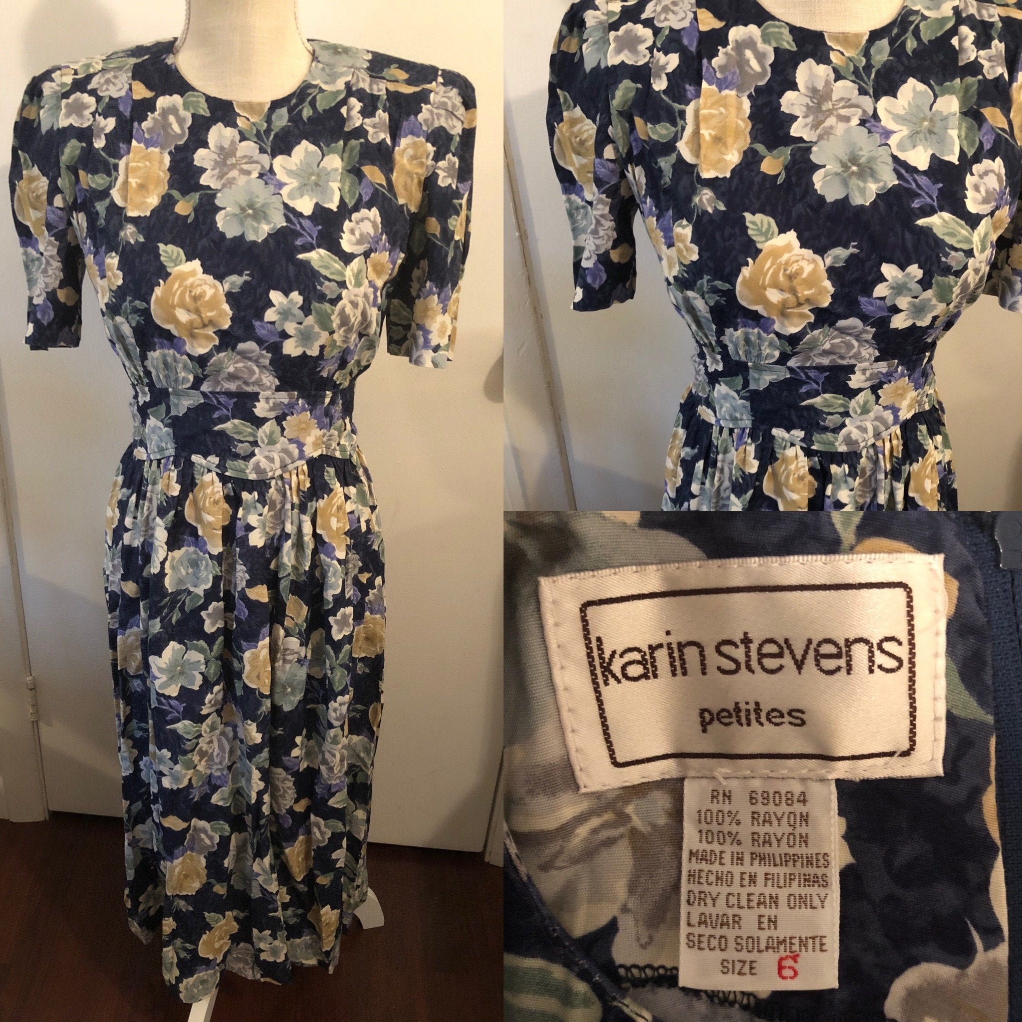 Gorgeous Vintage Karin Stevens Petites 100% Rayon Floral Fitted Short Sleeve Long Dress Cottagecore Secretary Dress Size 6