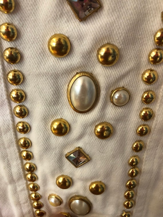 Vintage Embellished White Denim Jacket Gold Rhine… - image 9