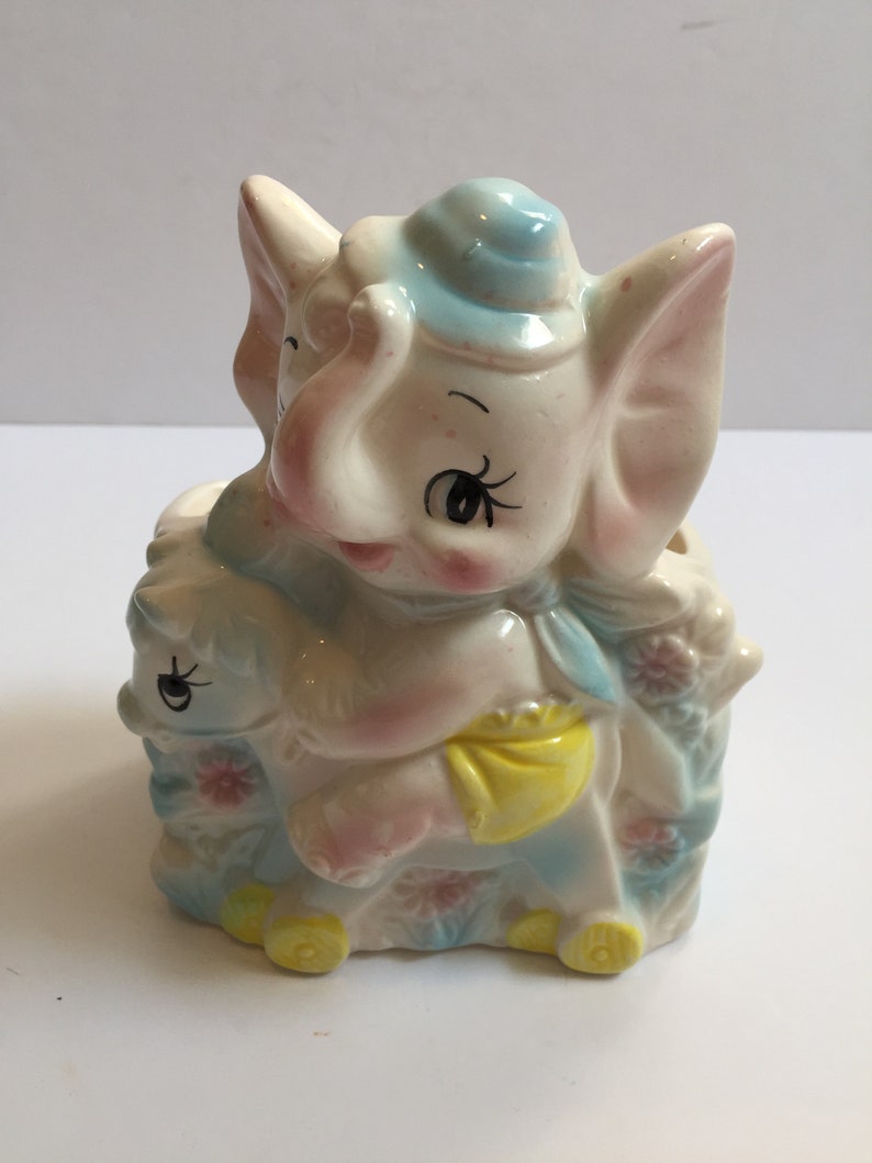 Adorable Vintage United Import Taiwan Elephant on Rocking Horse Nursery Planter Vase Pastel Colors with Original Label