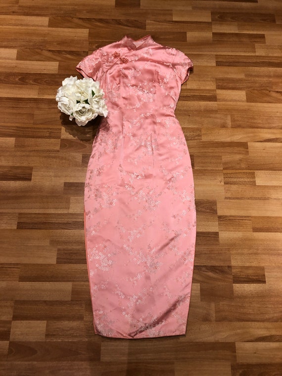 Vintage Pink Floral Long Cheongsam Satin Pastel Dr