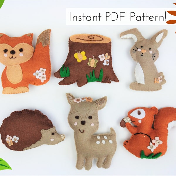 Instant Download Felt Sewing Pattern. Sew your own Woodland Nursery Bunting or DIY Baby Woodland Mobile, cake topper, decoration or garland