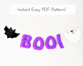 Boo Halloween Garland - Felt Pattern Instant PDF Download. Do it yourself Bat Halloween Banner - Halloween Bunting - Ghost Bat Felt Garland.