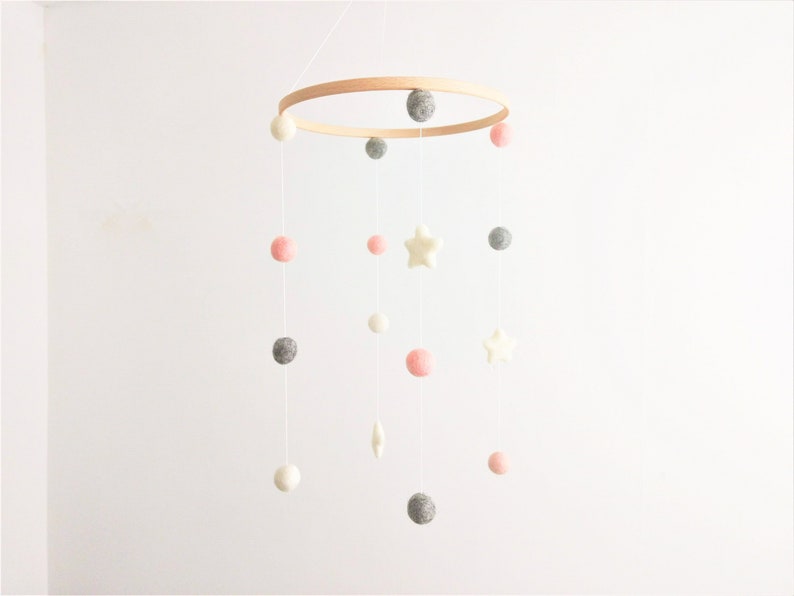 Blush Pink Nursery Mobile Baby Girl Nursery Decor Pom Pom Etsy