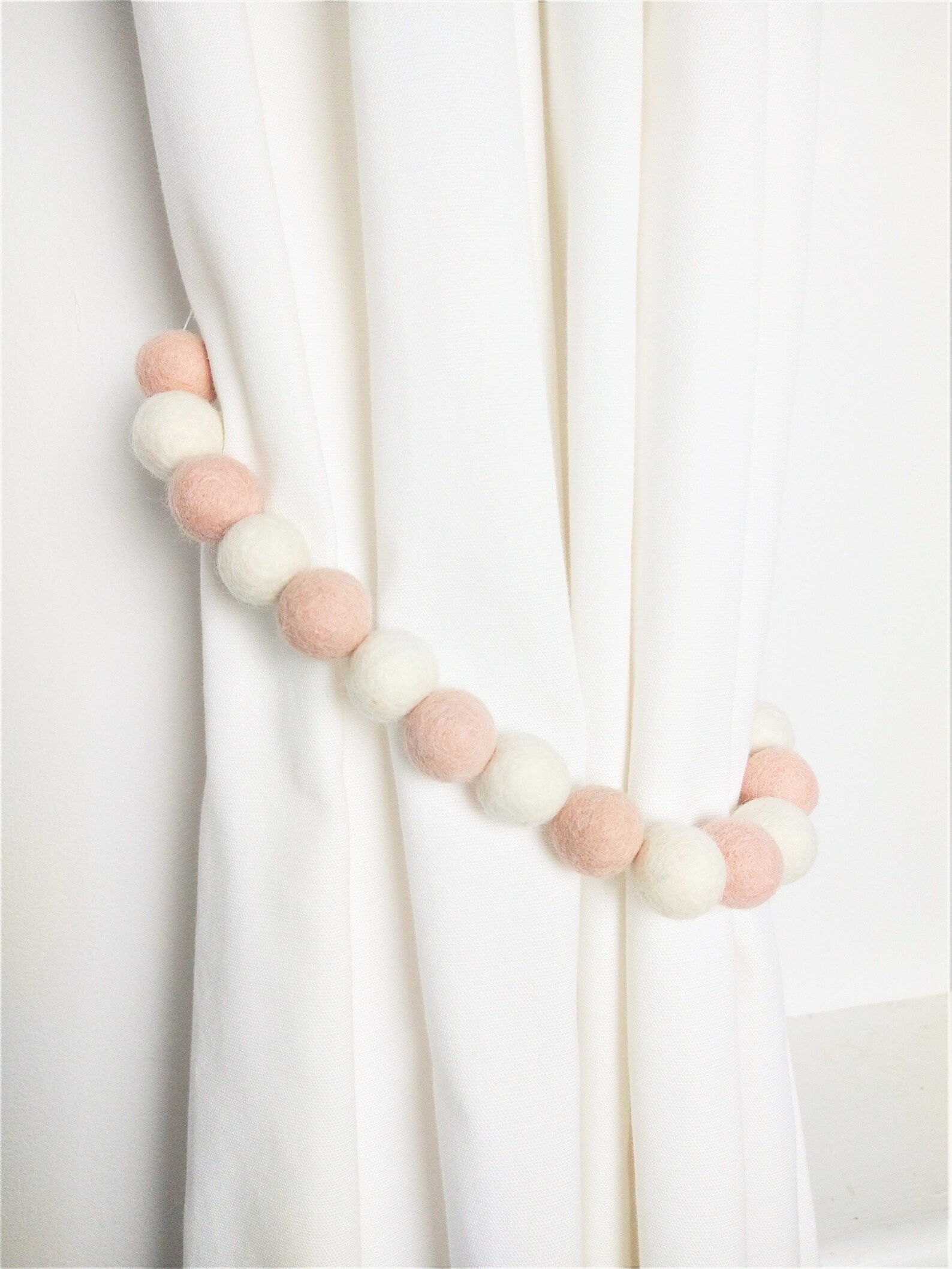 Pink & White Curtain tie backs. Pom pom curtain holdback. Etsy