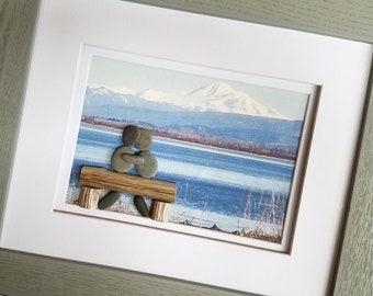 Pebble Art Couple Embracing on a Bench, Unique Easter or Mother's Day Gift, Birthday Gift, Wedding, Anniversary Gift