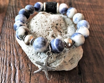 Diffuser Bracelet/ Starfish Charm Bracelet/ Bead & Lava Stone Bracelet/ Aromatherapy/ Essential Oil Bracelet/ Beach Bracelet