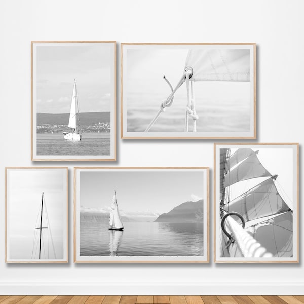 Nautical sail set of 5 print black and white sea ocean photo wall art coastal decor printable modern digital download rope sailboat knots