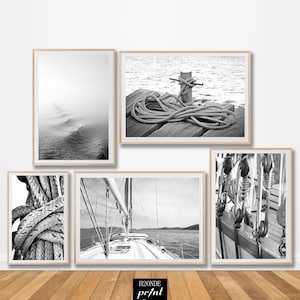 Nautical sail set of 5 print black and white sea ocean photo wall art coastal decor printable modern  digital download rope sailboat waves