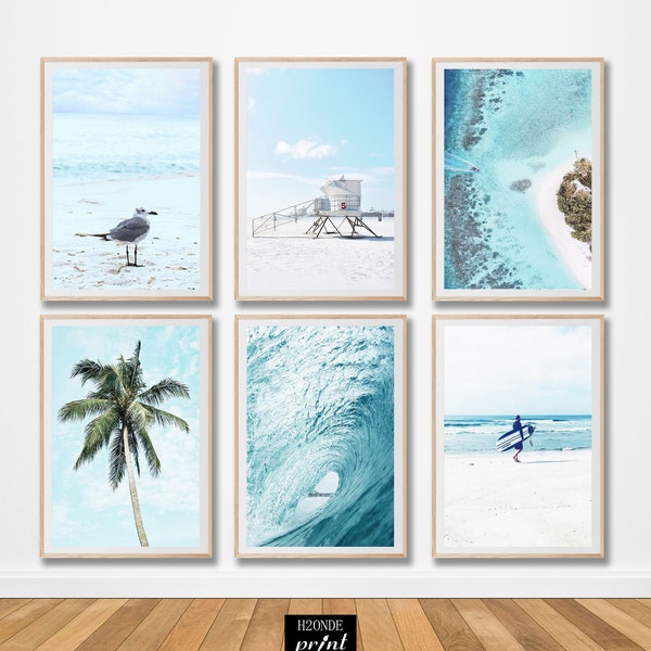 Ocean beach palm tropical Set of 6 prints gallery wall decor poster california wave aerial surf seagull lifeguard station white sand sea six