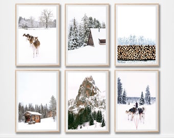 Winter mountain set of 6 prints forest green deer gallery wall nordic cabin dog sled log stack nature six snow scandinavian poster christmas