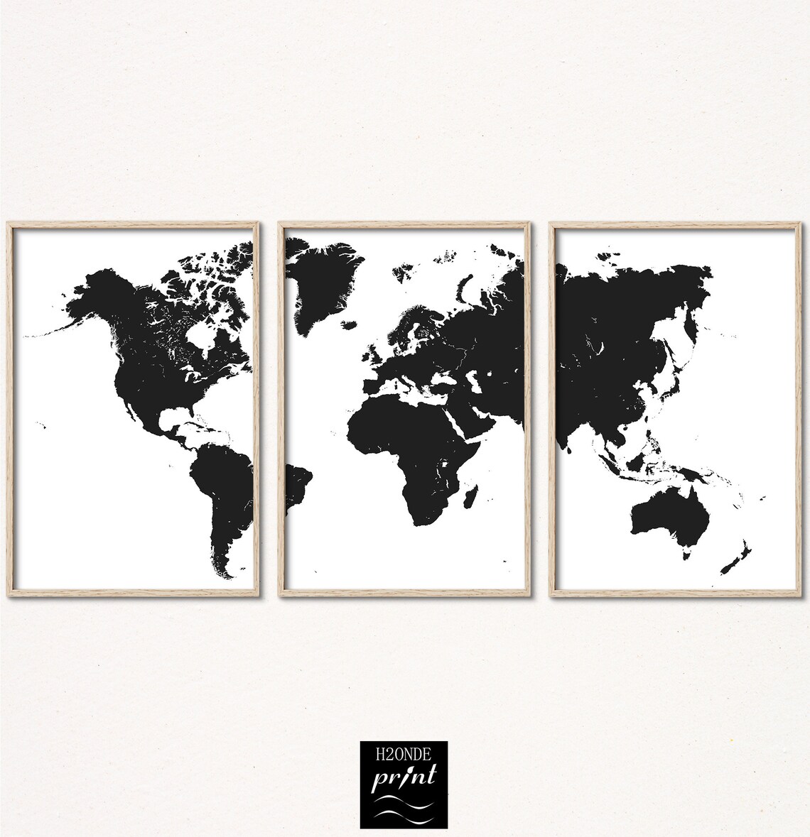 Black and White Wall Art World Map Print Set of 3 Prints Piece Poster ...