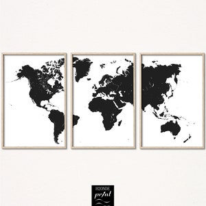Schwarz weiß Wand Kunst Weltkarte Druck 3er Set Drucke Stück Poster druckbar groß digitaler Download Dekor Leinwand Reise Stecknadel minimal