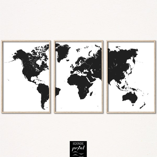 Black and white wall art World map print set of 3 prints piece poster printable large digital download decor canvas travel push pin minimal