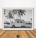 Surfer retro van black and white bus vw print beach surf wall art poster palm tree ocean printable camper road california digital wall art