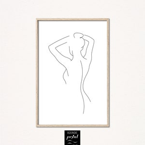 Back woman line art naked body drawing print female abstract continuous simple modern printable digital download black white gallery wall