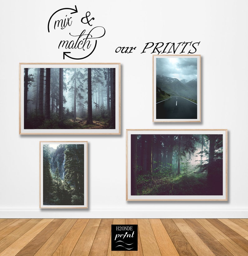 Foggy misty fog landscape mountain green forest print photo poster trees woodland wall art digital print download printable nordic decor hd image 7