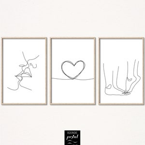 heart feet kiss head couple love line drawing set of 3 art print abstract romantic modern digital download black white minimal gallery wall