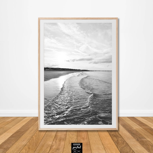 Sea ocean black and white digital print wave instant download wall art coastal beach printable living poster surf gift large decor cloudy a3